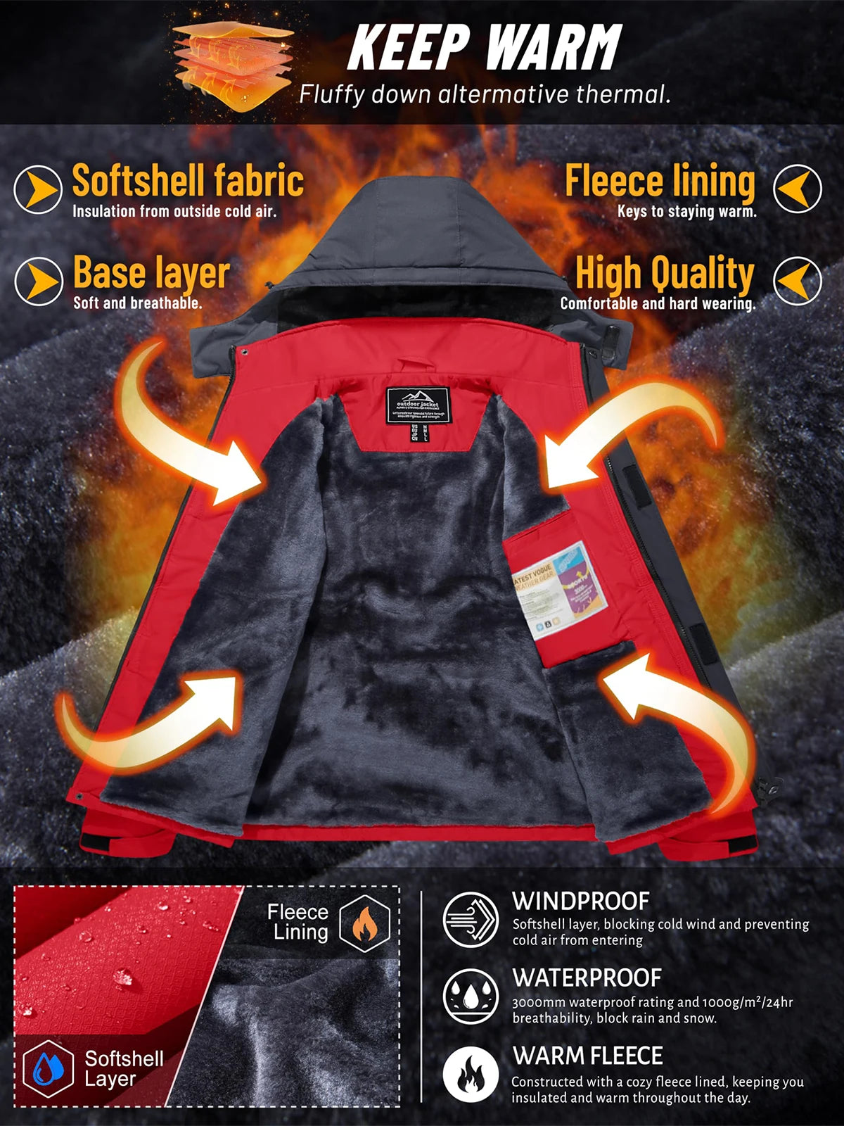 Men's Water Resistant Winter Ski Jacket Parka With Hood And Warm Fleece