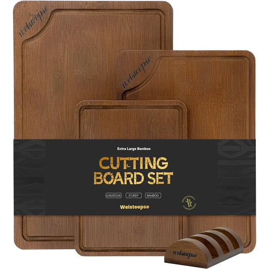 XL Bamboo Cutting Board Set Of 3 With Juice Grooves