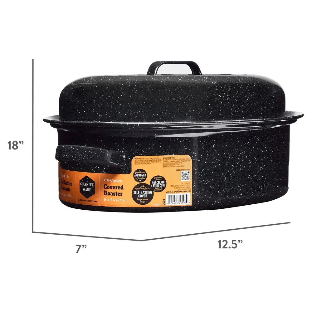 Nonstick 18 Inch Covered Oval Roaster Porcelain Steel Pan 15lb Capacity
