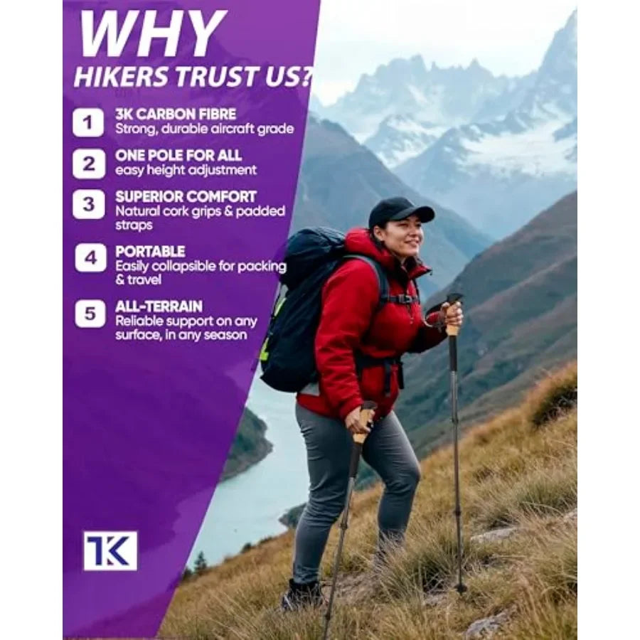 Collapsible Carbon Fiber Trekking Poles With Cork Grips Adjustable For Men Women