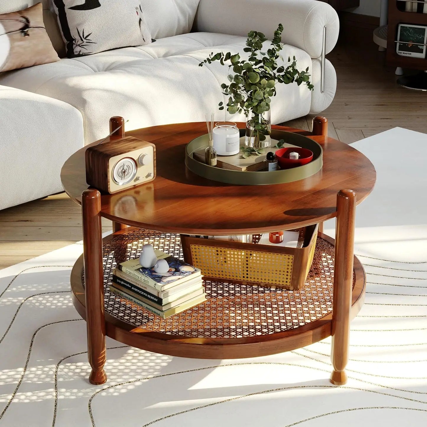32 Inch Round Rattan Coffee Table Two Tier Storage Shelf