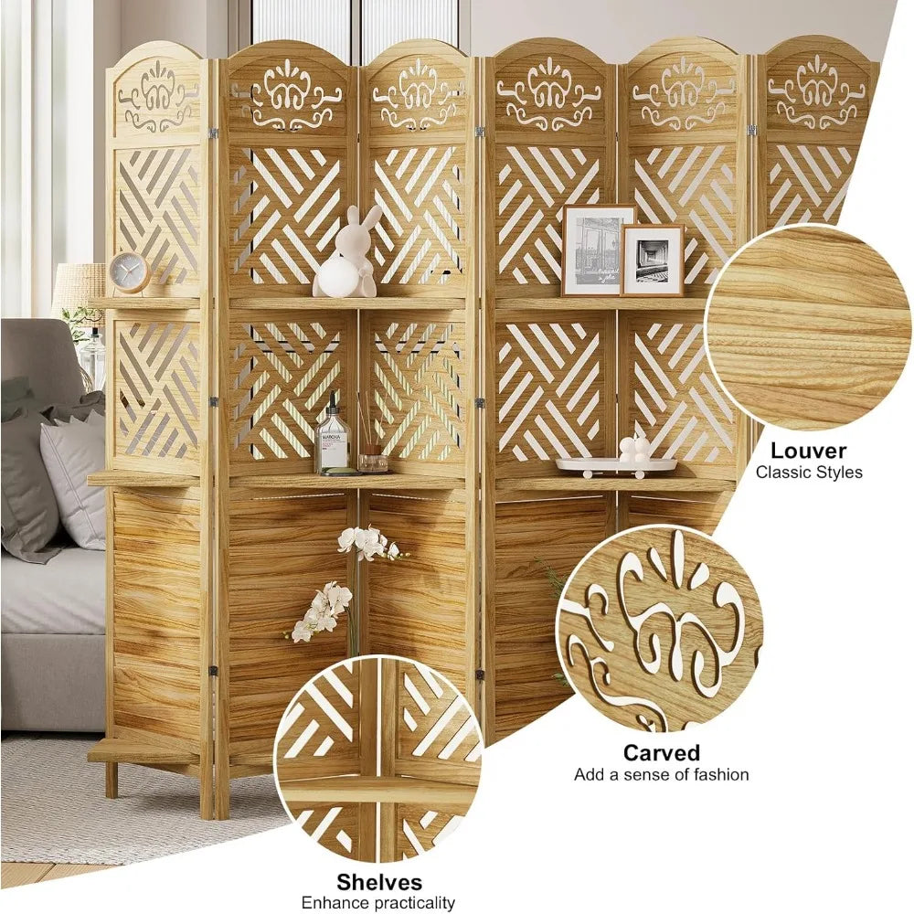Natural Wood Carved Folding Screen 6 Panel Double Hinges