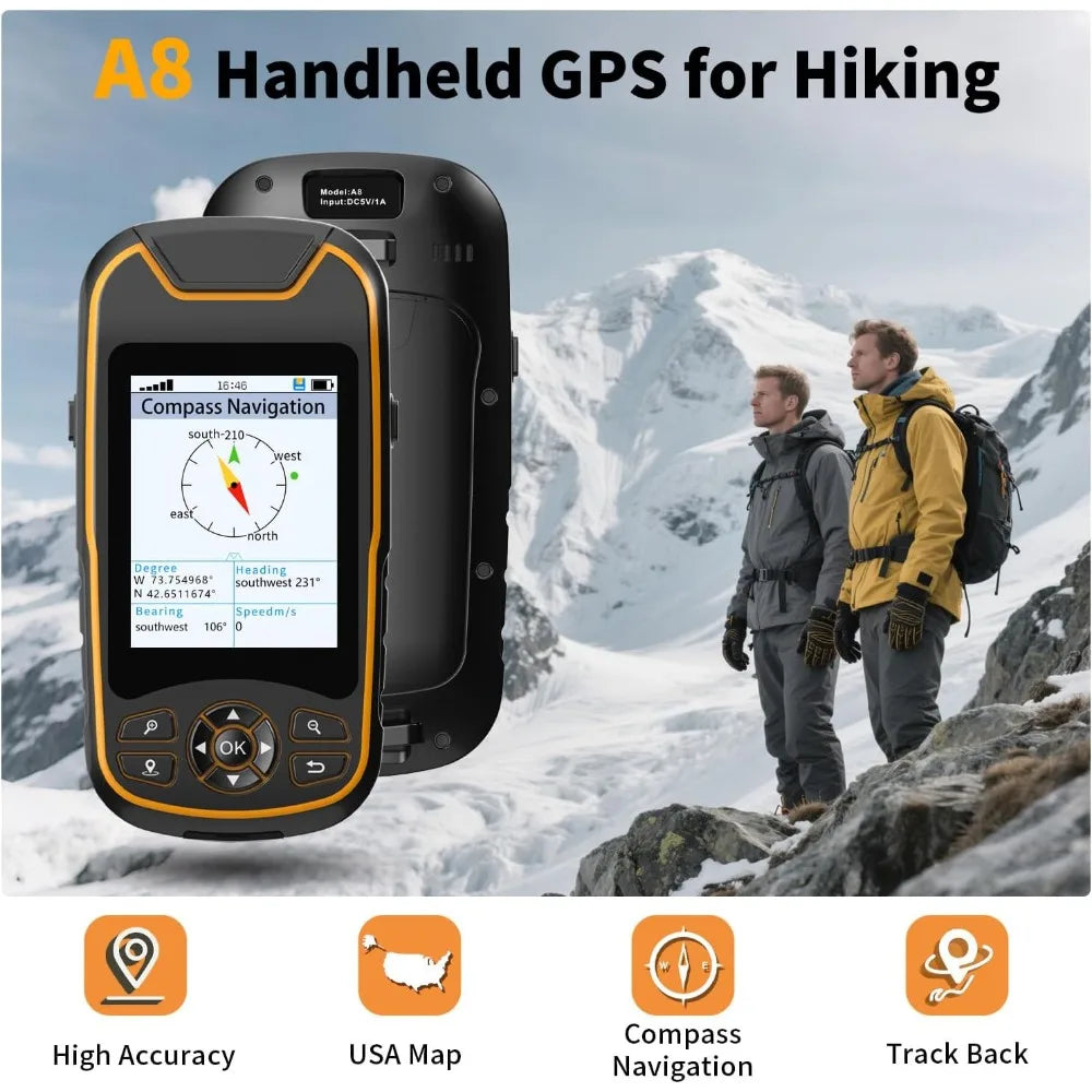 A8 Handheld GPS for Hiking, Rugged and Waterproof Handheld GPS Navigator, 3.2" Sunlight Readable Screen