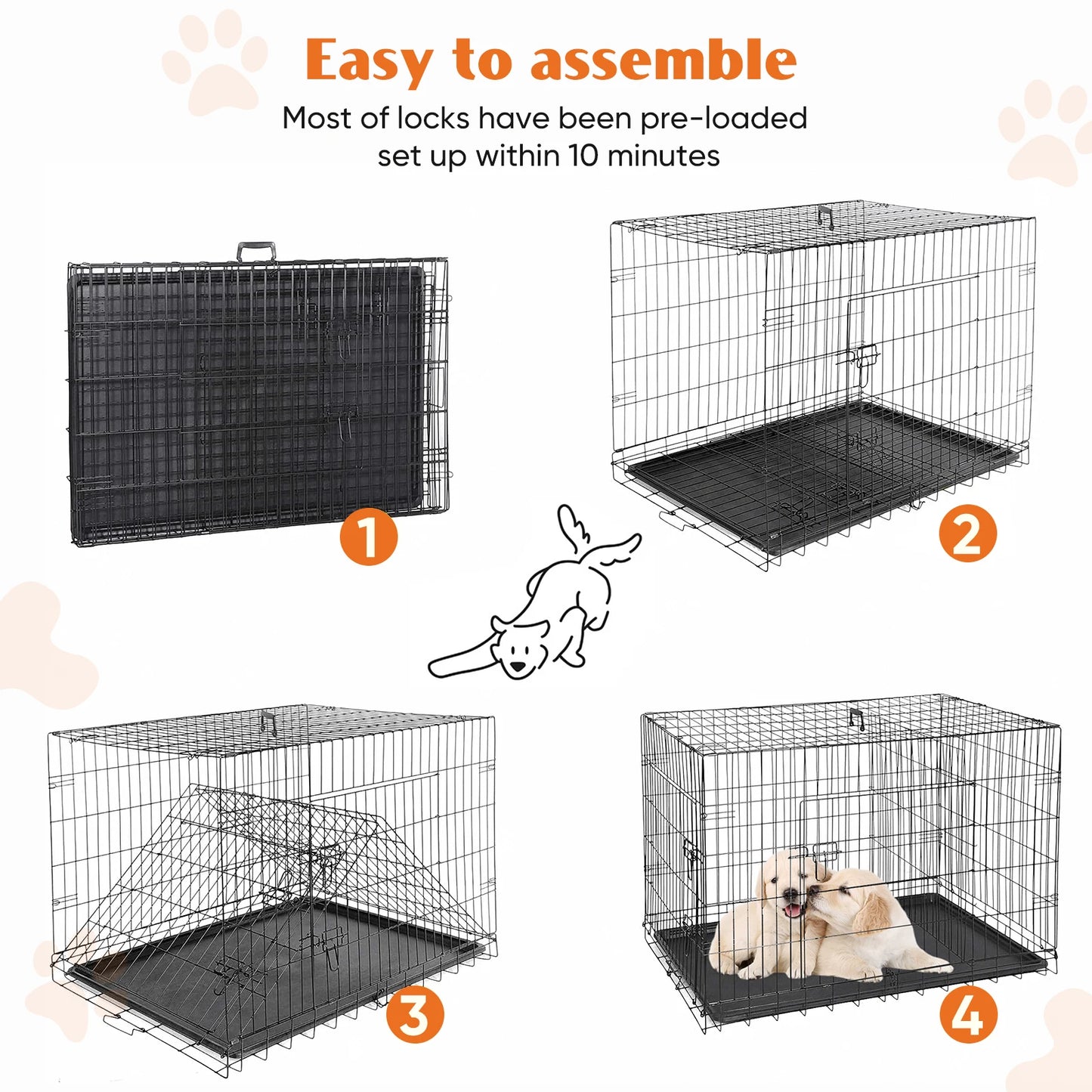 JHK Extra Large Double Door Folding Metal Dog Cage With Pan
