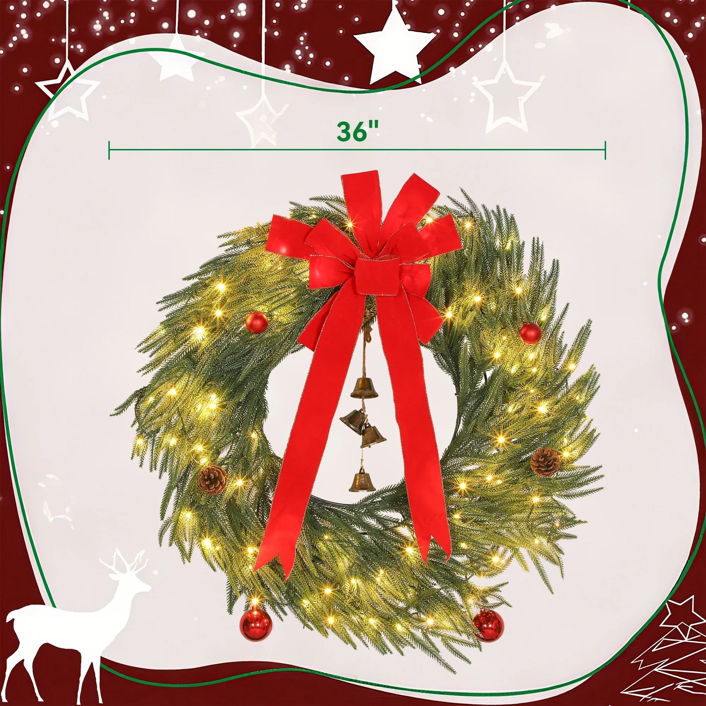 Homcom 36 Inch Christmas Wreath With 100 LED Lights Pre Lit Front Door