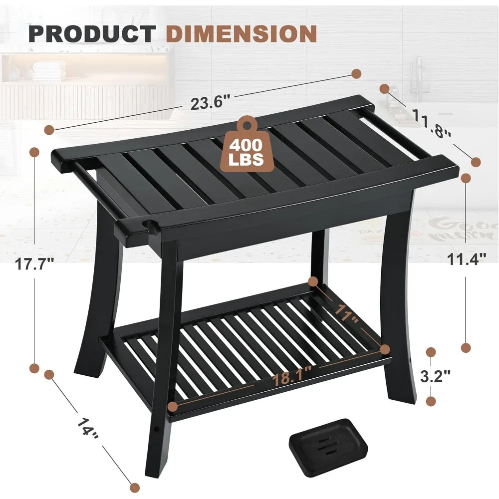 Black Bamboo Shower Bench With Storage Shelf For Indoor Shower Spa Bathroom Stool For Adults