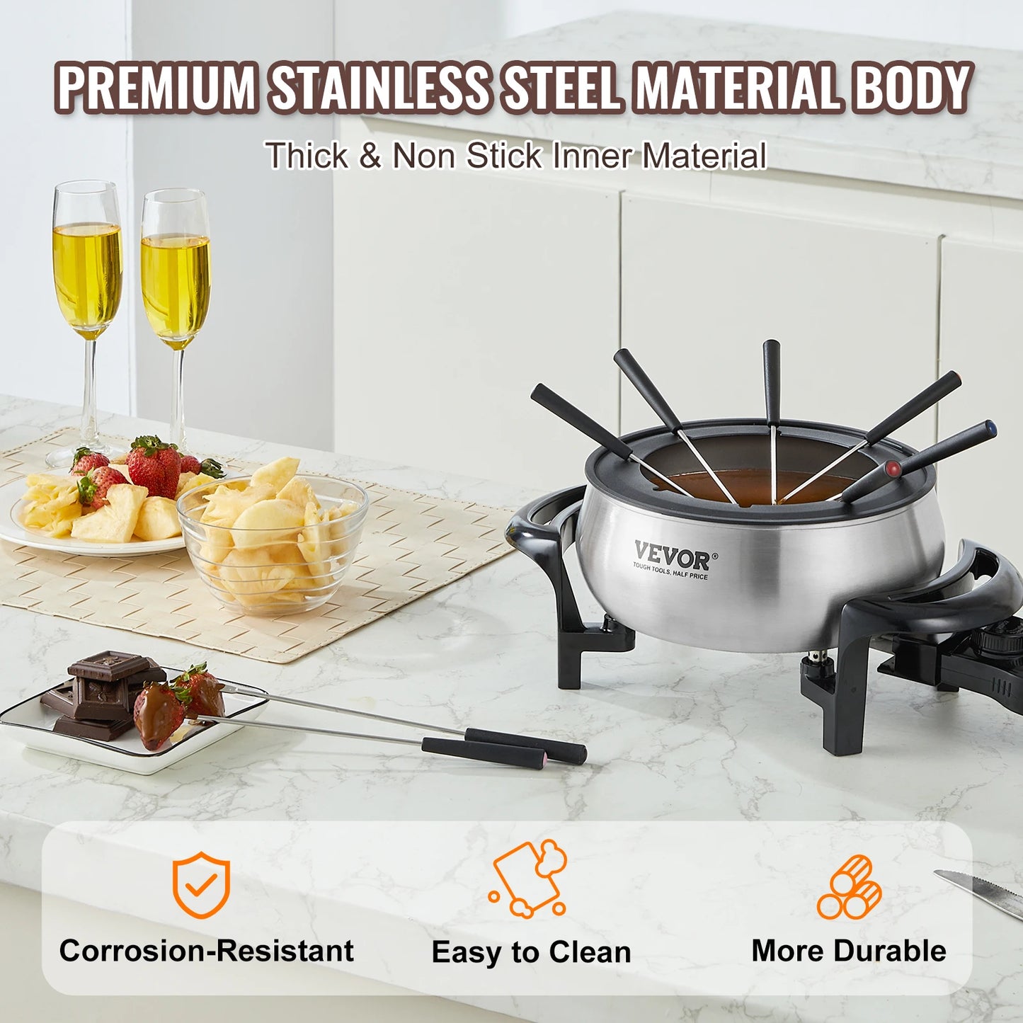 SucceBuy Electric Fondue Pot Set for Cheese & Chocolate 3 Quart Chocolate Melting Stainless Steel Fondue w/ Temperature Control