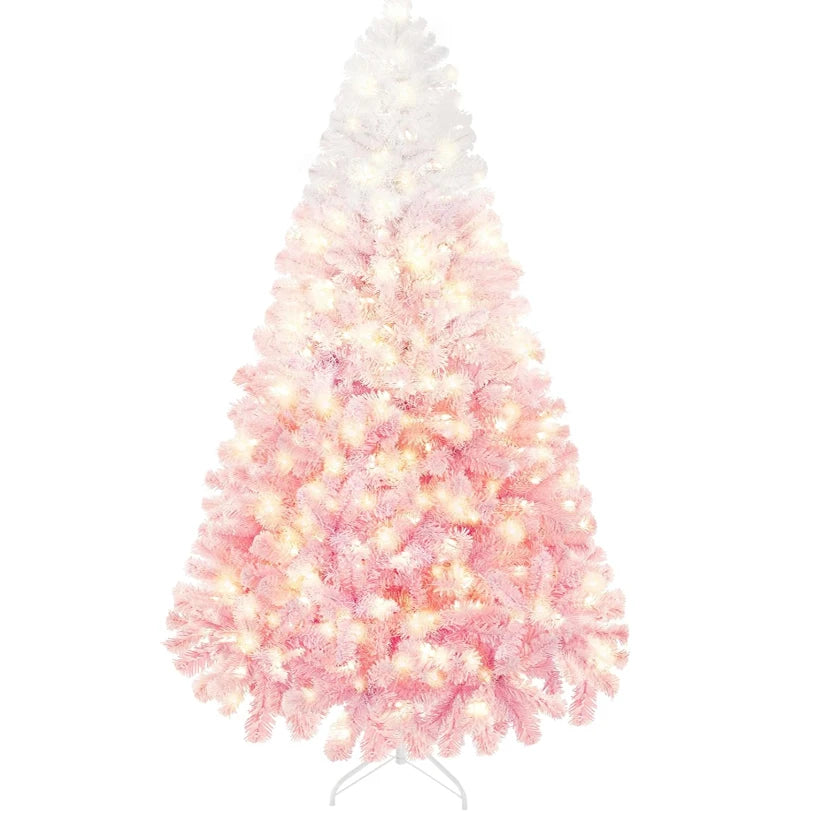 9 Foot Artificial Pre Lit Flocked Christmas Tree Pink Gradient for Home Decor