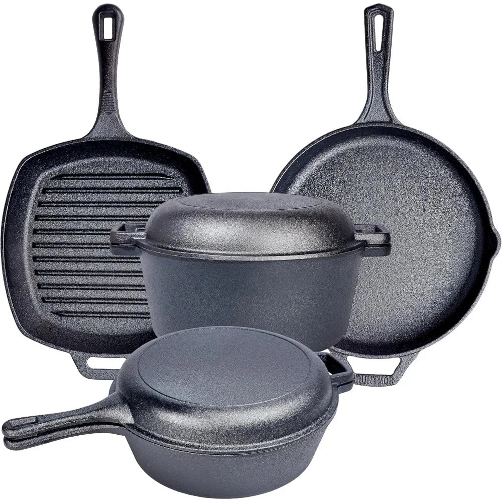 YTYIN Cast Iron Cookware Set With Skillet And Square Pan Lid For Camping