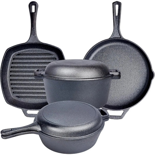 YTYIN Cast Iron Cookware Set With Skillet And Square Pan Lid For Camping
