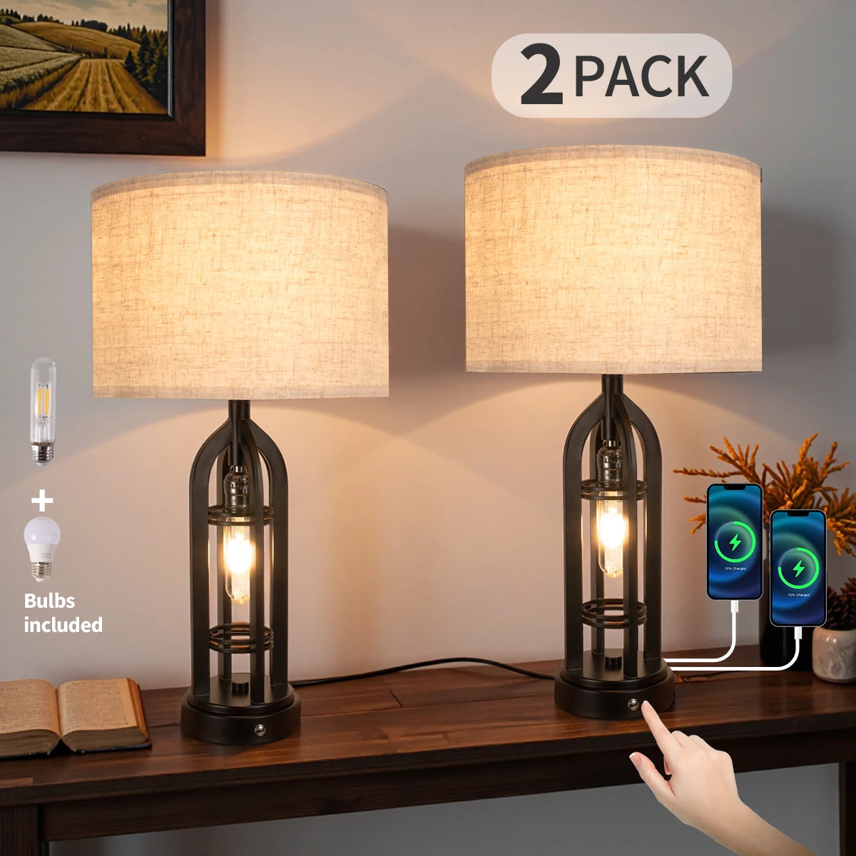 Industrial Retro Desk Lamp Night Light,3 Colors, Adjustable, 2 Pairs of Usp Ports, 2 Pieces, Including Light Bulb and Lampshade