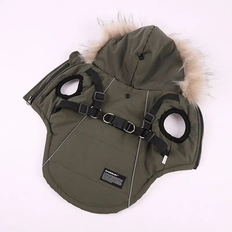 Autumn Winter Warm Dog Jacket With Harness Hooded Padded Coat Imitation Fur Hat