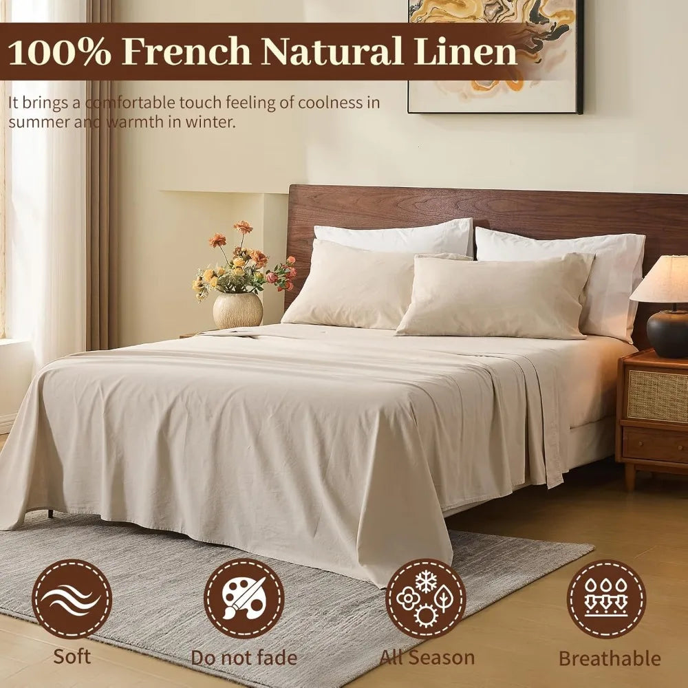 Meishang 100 Linen Sheets Queen Size 4 Piece Set Breathable