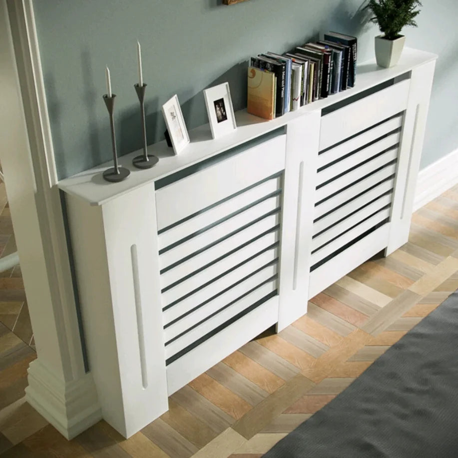 Tall White Wood Radiator Cover Cabinet 92cm External Height Modern Heater Shelf