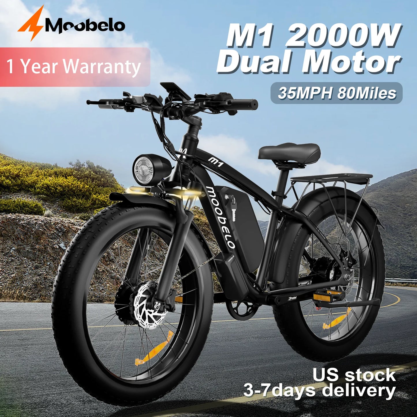 Moobelo M1 48V 2000W Dual Motor E Bike 26 Inch Fat Tires Front Suspension