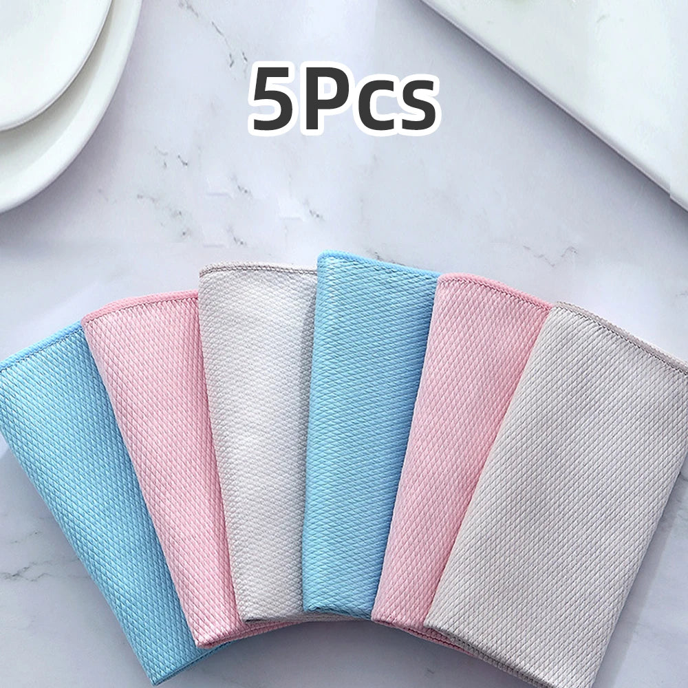 Five Pieces Microfiber Fish Scale Dishcloths Absorbent For Kitchen And Glass