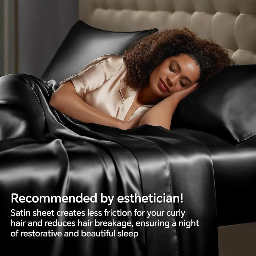 Luxury Soft Black Satin Sheets Queen Size 4 Piece Set