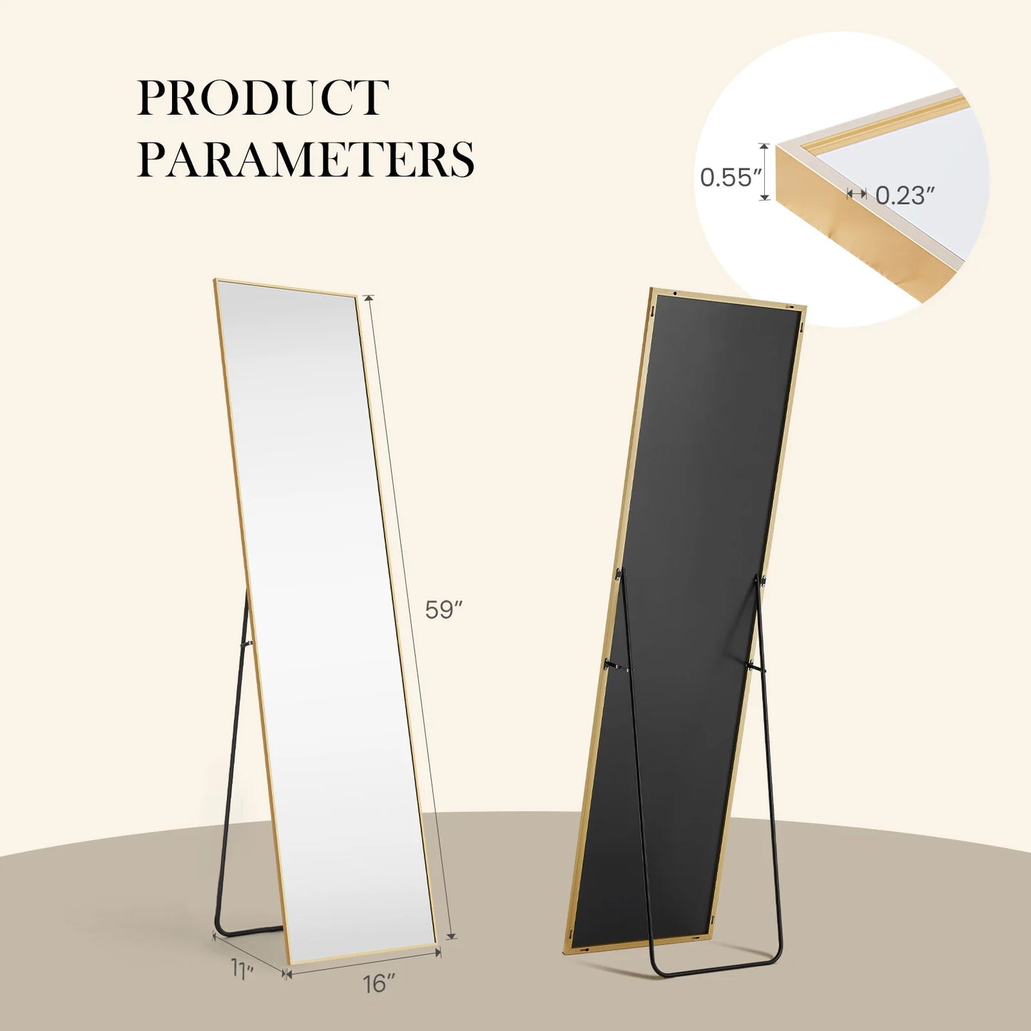 JHK Full Length Mirror Aluminum Alloy Frame Standing Or Wall Hanging 59x16 64x21