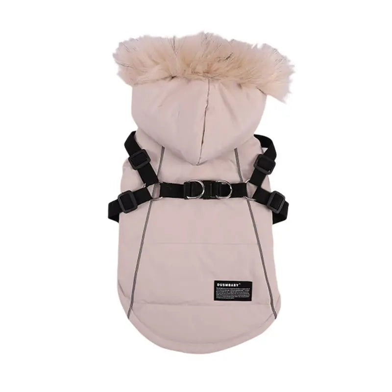 Autumn Winter Warm Dog Jacket With Harness Hooded Padded Coat Imitation Fur Hat