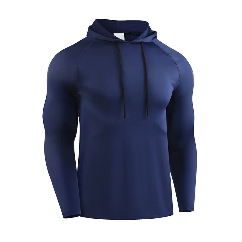 Mens Hooded Running Long Sleeve Shirt Elastic Jersey Gym Fitness Top