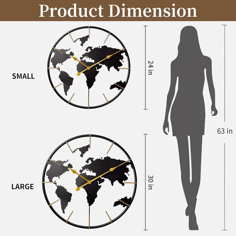 World Map Wall Clock Metal Minimalist Modern Round Silent Battery Operated