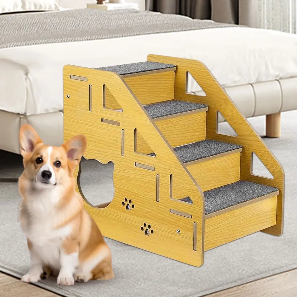 4-Step Wooden Pet Stairs Nonslip Carpeted Indoor Pet Steps Dog Stairs Ramp Wooden Pet Ladder for Dogs and Cats for Bed