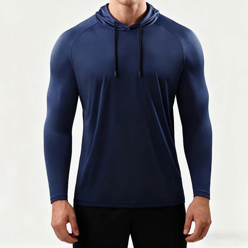 Mens Hooded Running Long Sleeve Shirt Elastic Jersey Gym Fitness Top