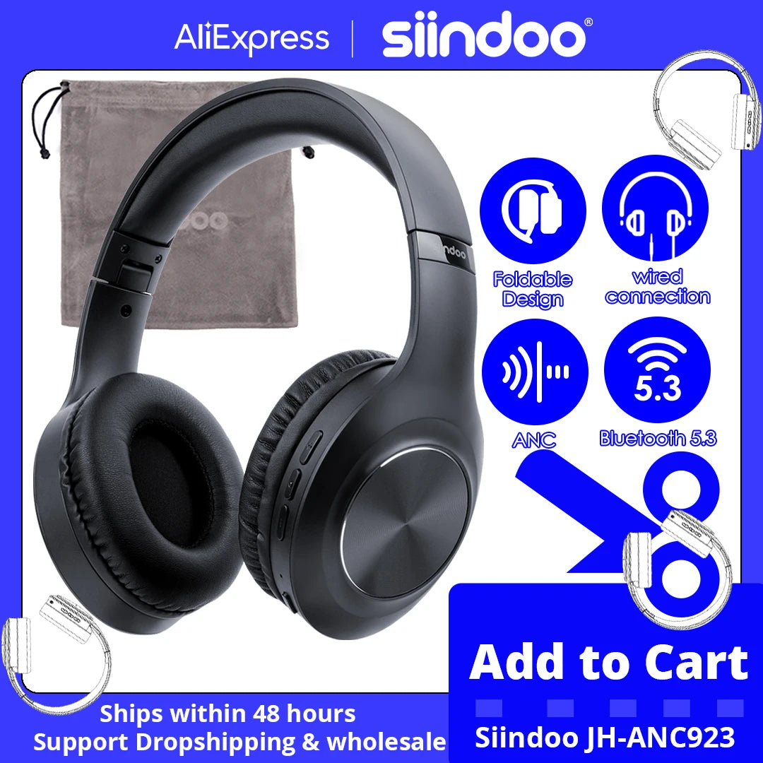 Siindoo ANC923 Active Noise Cancelling Wireless Headphones Over Ear With Mic