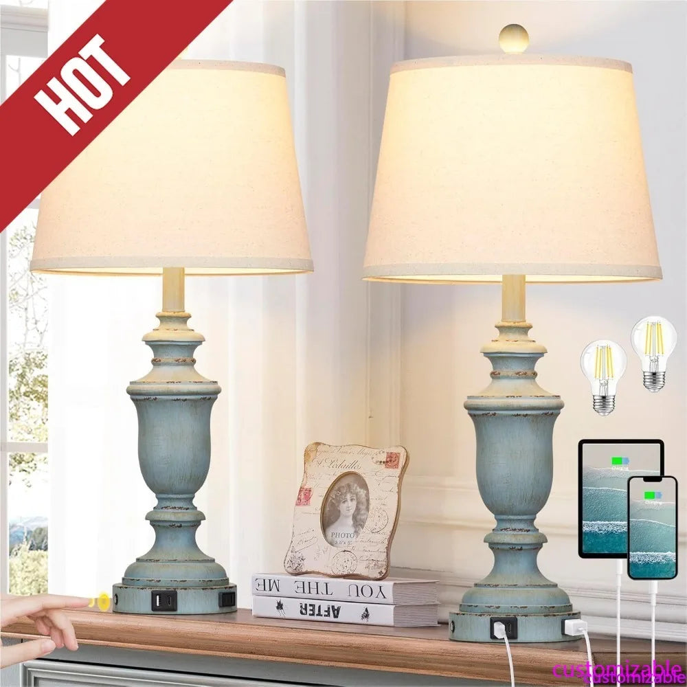 Coastal Table Lamps 2 Pack With USB Ports 3 Way Dimmable