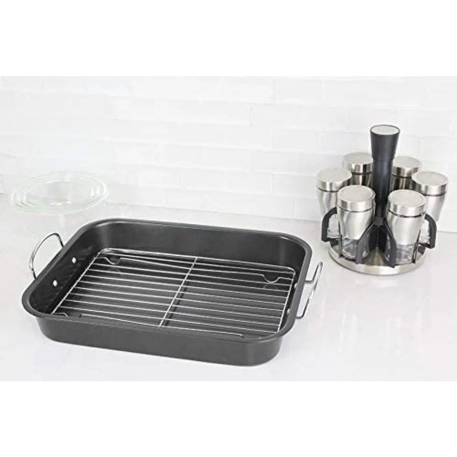 Nonstick Turkey Roasting Pan With Rack And Handles 14.5x11.5 Fits 15 Lb Turkeys