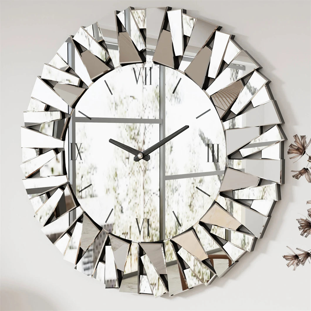 Large Wall Clock 3D Mirrored Sunburst Edge 32 Inch Round Roman Numeral Modern Living Room Dining Room Fireplace Decor