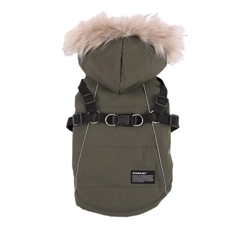 Autumn Winter Warm Dog Jacket With Harness Hooded Padded Coat Imitation Fur Hat