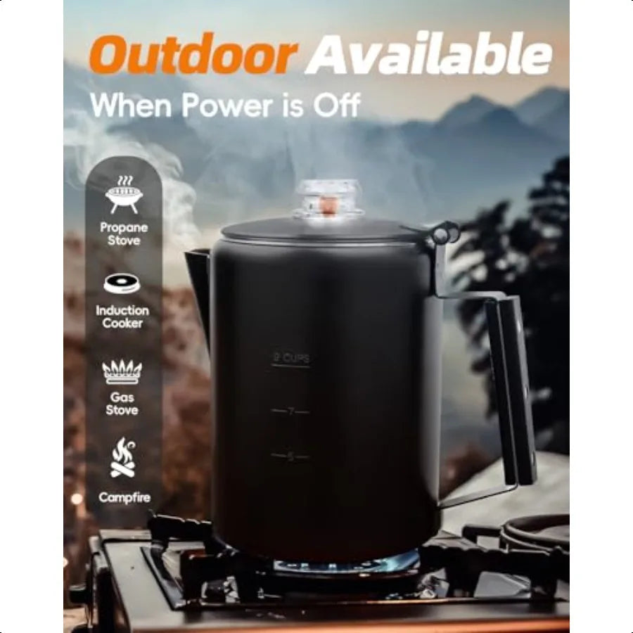 Stainless Steel 9 Cup Coffee Percolator For Stovetop Camping Black Outdoor Home Use No Aluminum Or Plastic