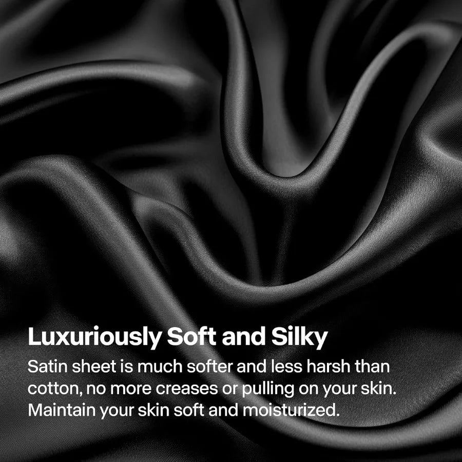Luxury Soft Black Satin Sheets Queen Size 4 Piece Set