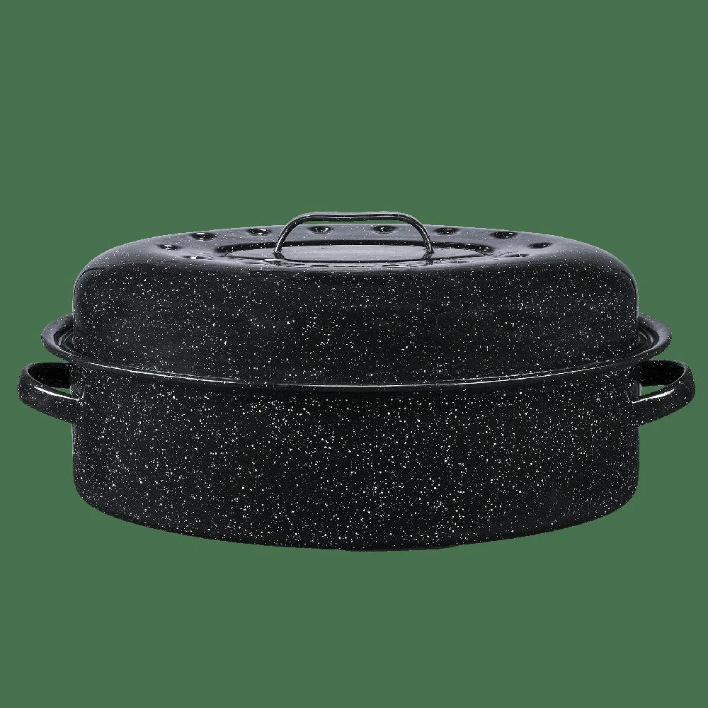 Nonstick 18 Inch Covered Oval Roaster Porcelain Steel Pan 15lb Capacity