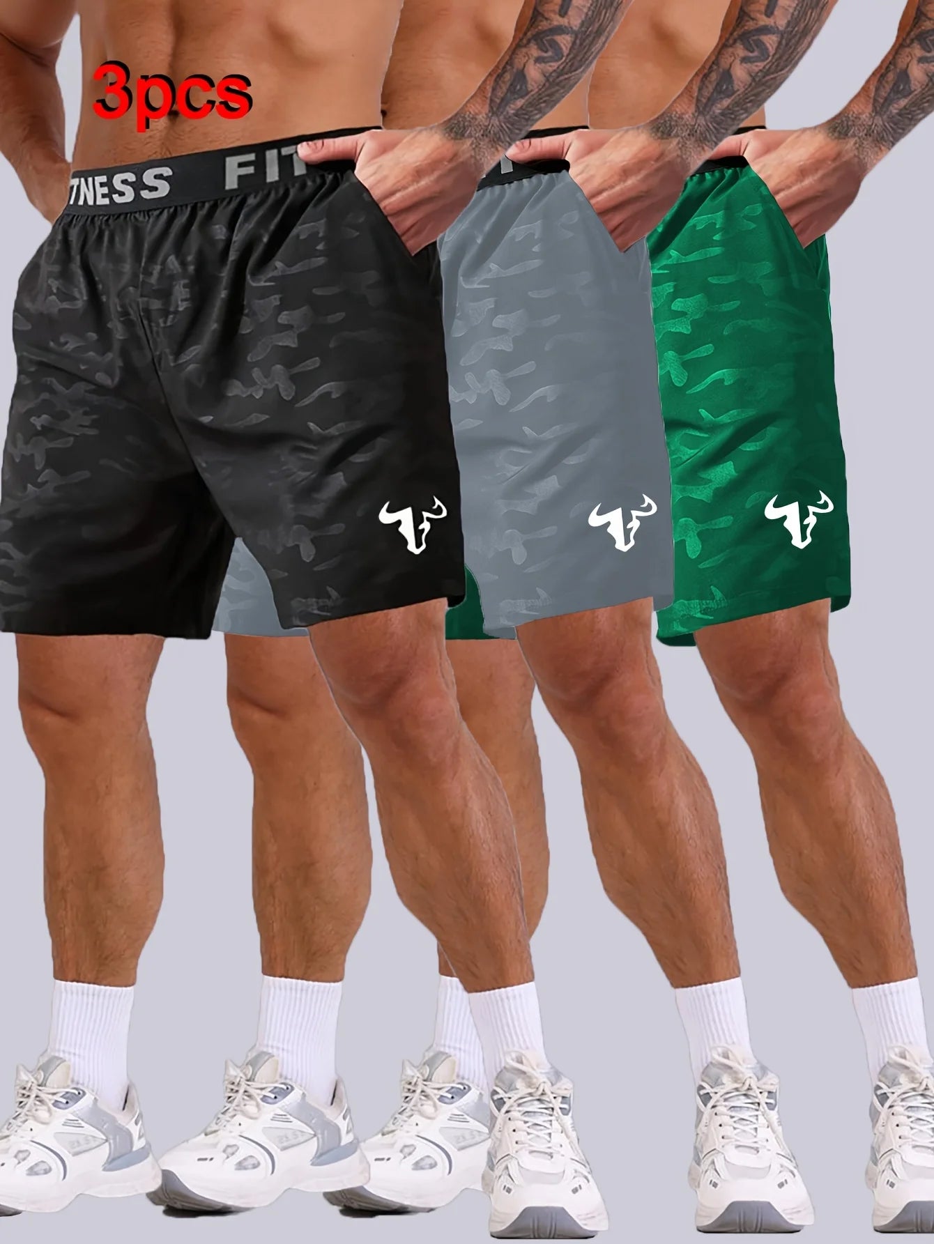 Men Bull Print Sports Shorts 3 Piece Set For Running