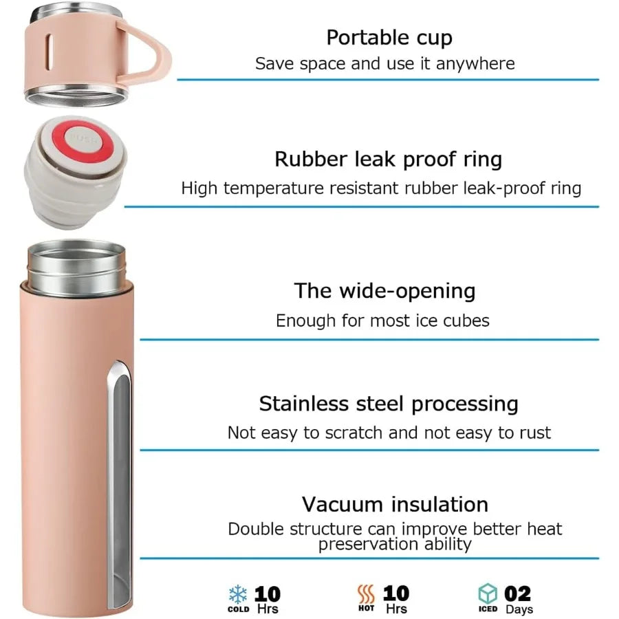 VacuumInsulated Stainless Steel Coffee Thermo Bottle for Travel 16oz Insulated Mug with ThreeCup Set for Hot and Cold Drinks Id