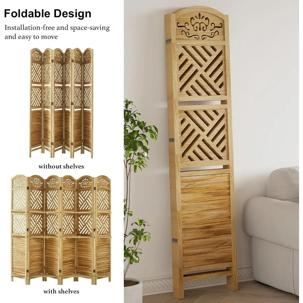 Natural Wood Carved Folding Screen 6 Panel Double Hinges