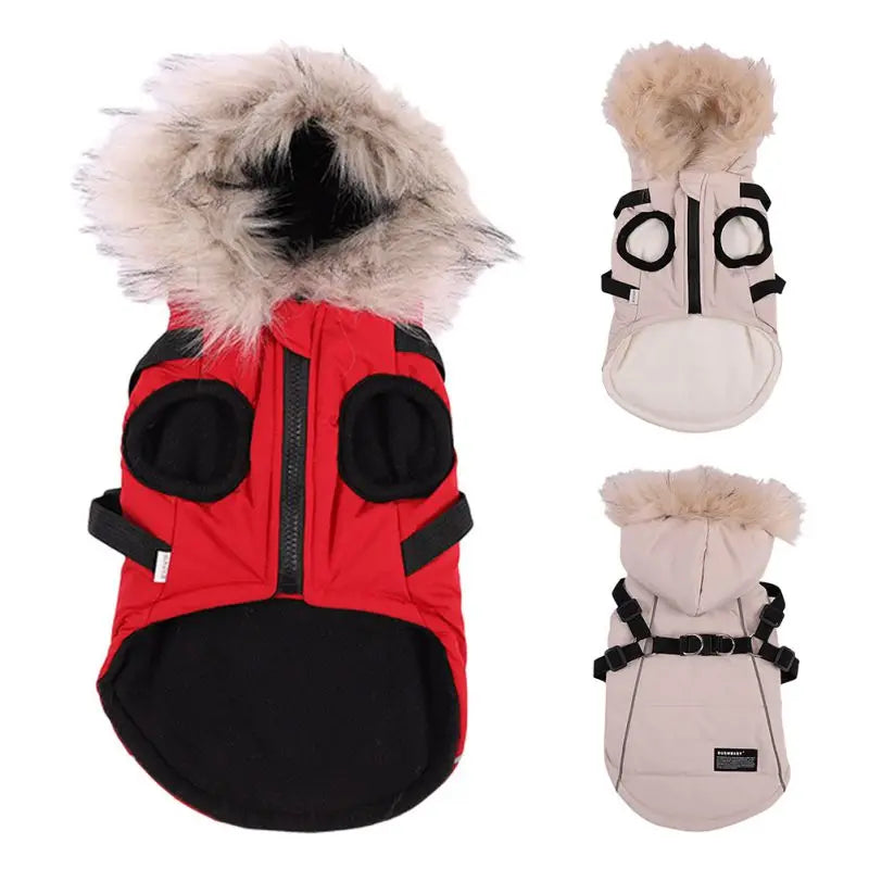 Autumn Winter Warm Dog Jacket With Harness Hooded Padded Coat Imitation Fur Hat