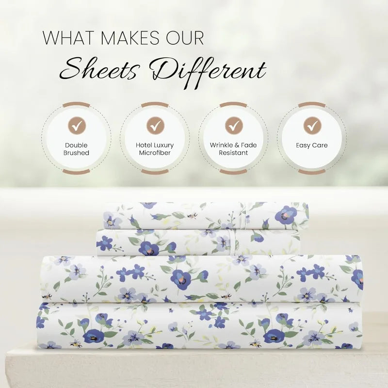 4 Piece Queen Sheet Set (Light Blue Floral) - Sleep Better Than Ever with These Ultra-Soft & Cooling Bed Sheets