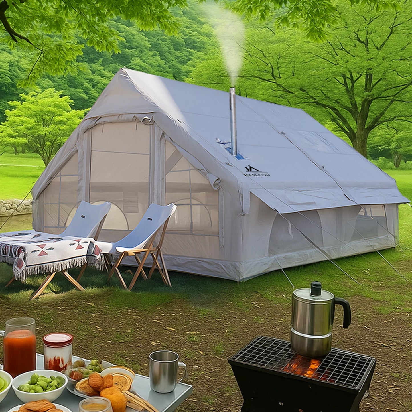 13 By 10 Foot Inflatable Tent For 8 To 10 People Season Waterproof Chimney Hole