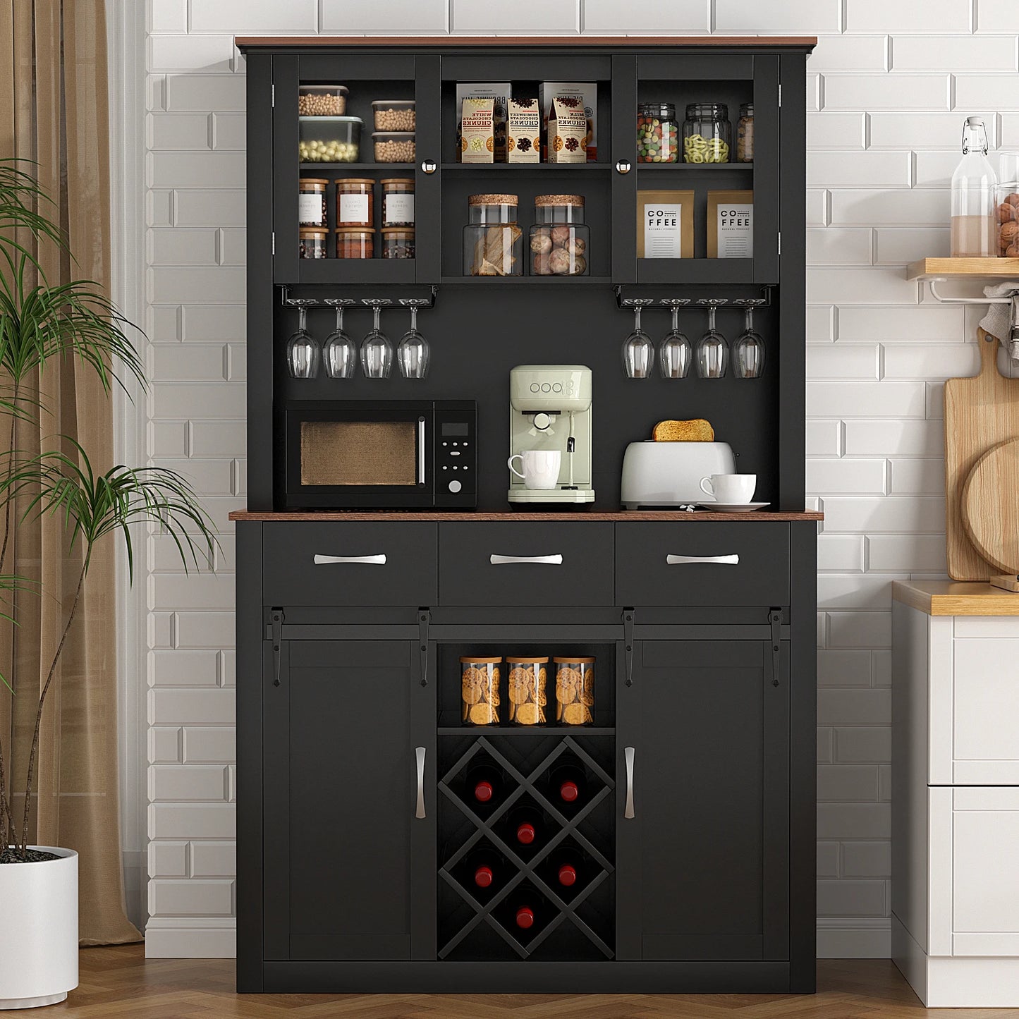 VOWNER 72 Inch Farmhouse Bar Cabinet With Sliding Barn Doors