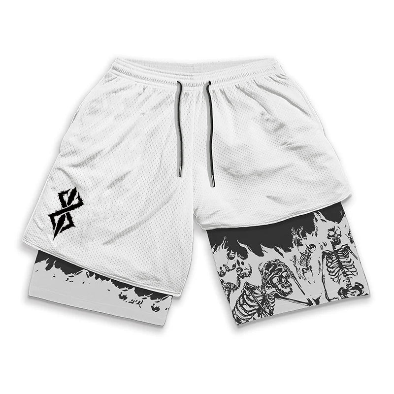 Berserk Skull Print 2 In 1 Running Shorts For Men Quick Dry Gym Activewear