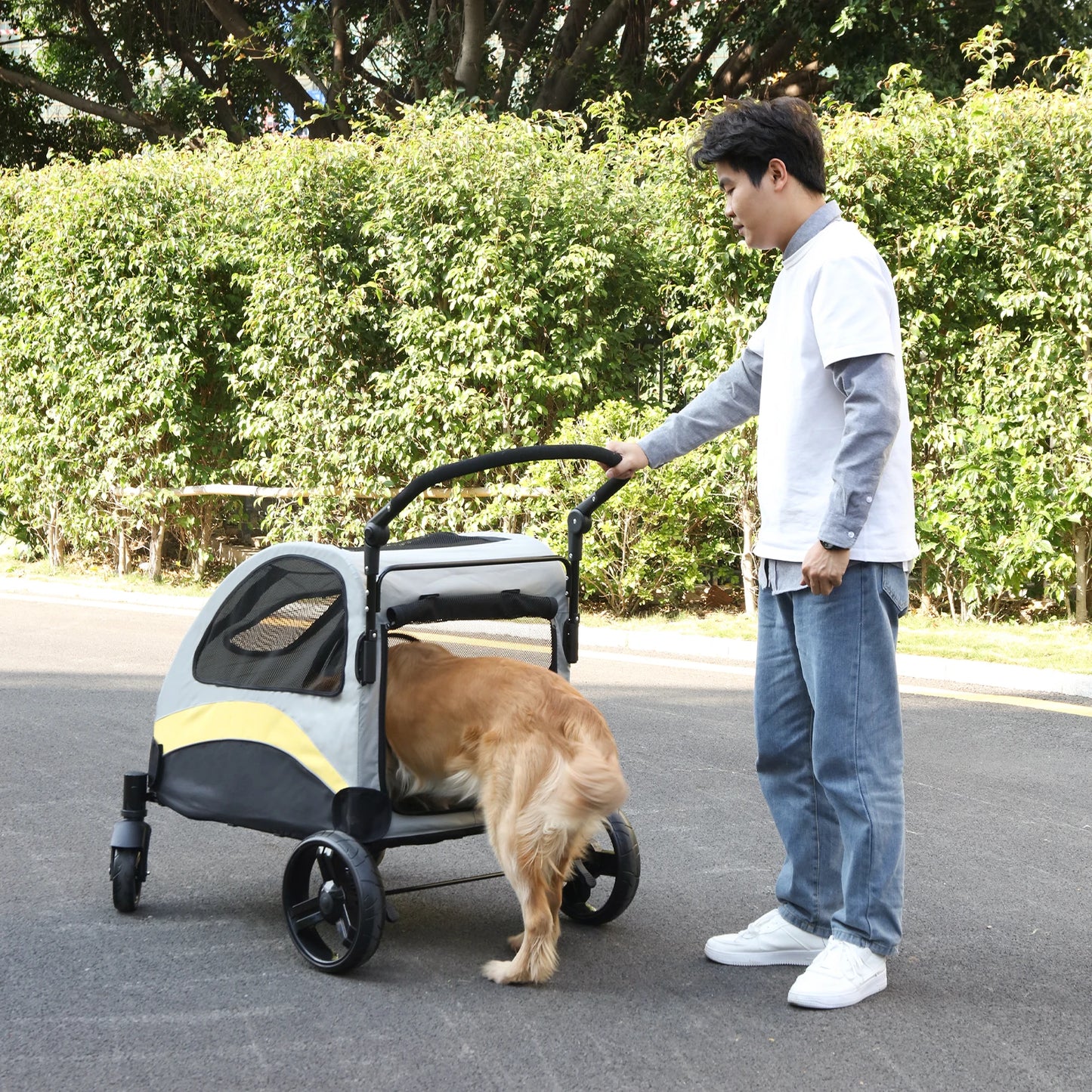 Portable Dog Stroller 4 Wheels Foldable Breathable Carrier For Large Dogs Travel