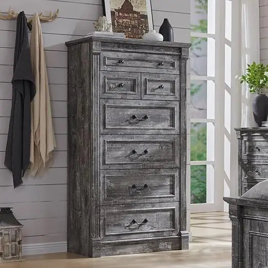 Farmhouse 7 Drawer Dresser 57 Inch Tall Bedroom Roman Column
