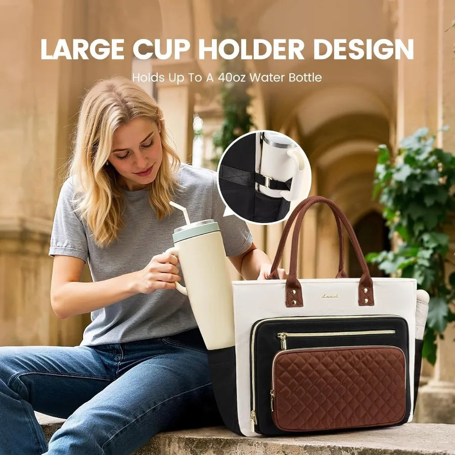 17 Inch Laptop Tote Bag For Women Professional Briefcase With Cup Holder Pockets