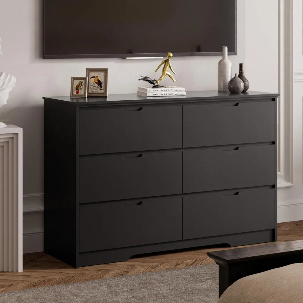 6 Drawer Black Dresser For Bedroom With Hidden Handles Modern Wood Design