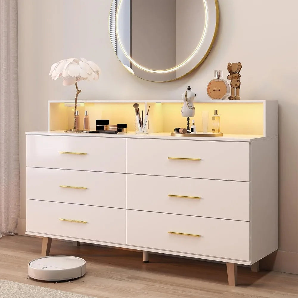 6 Drawer Dresser With LED Light And Power Outlet In White Wood For Bedroom