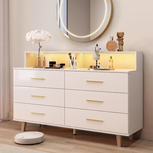 6 Drawer Dresser With LED Light And Power Outlet In White Wood For Bedroom
