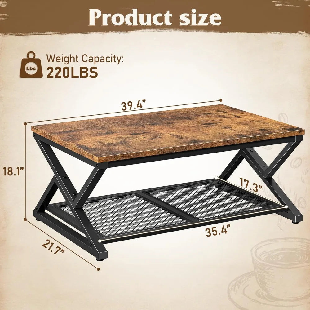 Modern Coffee Table With Storage And Mesh Shelf Living Room